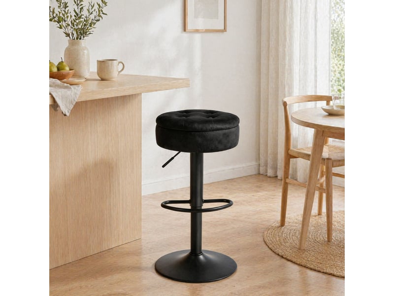  Tabouret de bar pivotant réglable avec rangement - lpospi - assise rembourrée, repose-pieds, métal et velours noir  - Conforama C