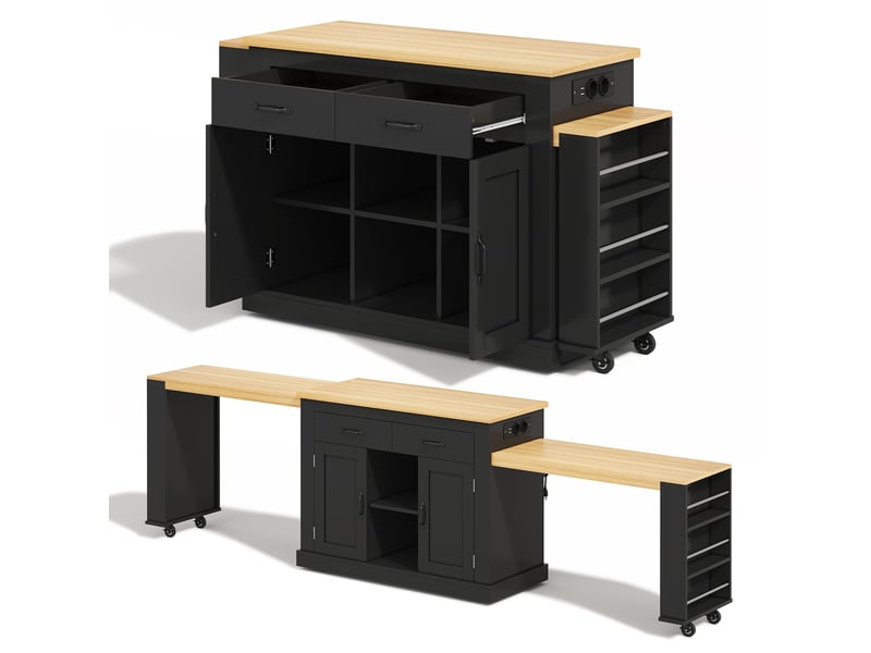  Îlot de cuisine extensible avec double plan de travail, chariot de cuisine mobile sur roulettes, 142-340cm, noir  - Conforama C