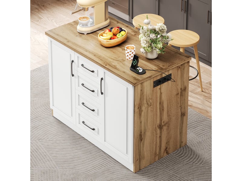 Îlot de cuisine rangement 120x60x90 cm - 4 tiroirs - prises et usb - étagères réglables - mdf - bois naturel et blanc CozyNest - Conforama D