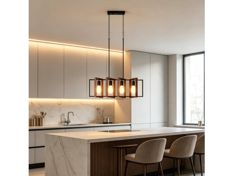  Suspension 80 x 21 x 90-130 cm en acier et bois à 4 douilles e27 orientables noir et brun noyer chicfurn  - Conforama C