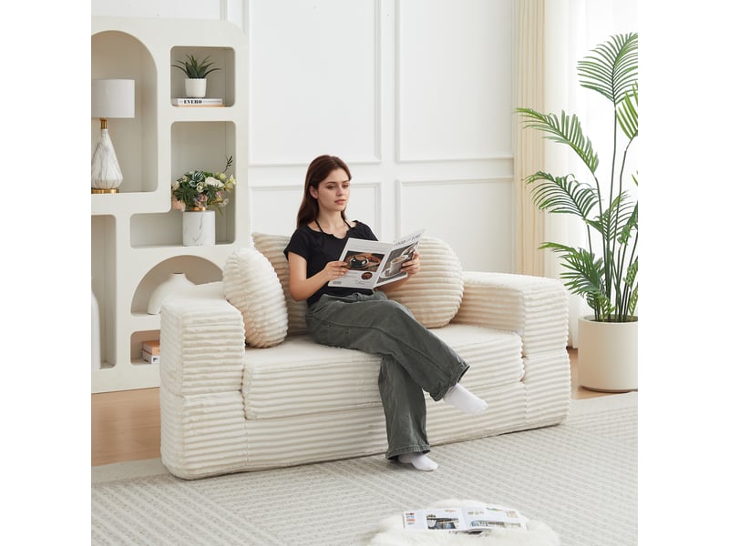  Canapé convertible rond 4-en-1 en velours côtelé beige Fay Lum - Conforama E