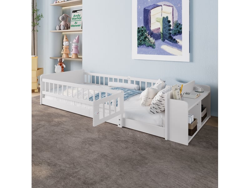  Lit enfant 90x200 cm blanc avec rangements ouverts et barrière ouvrante  - Conforama D