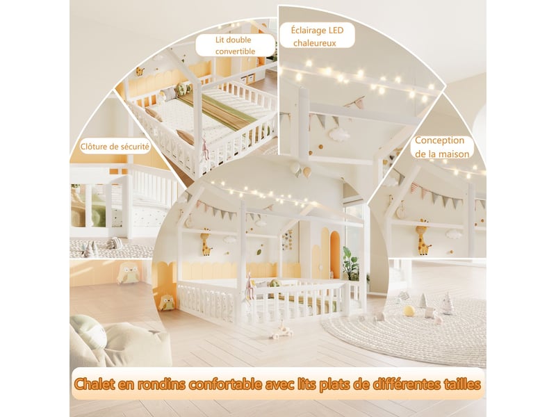  Lit combine enfant 90x190, barrière de sécurité lit cabane enfant, structure bois massif, perles led  - Conforama D