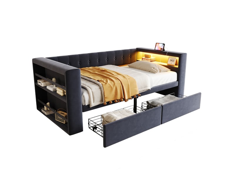  Lit canapé capitonné 90×190 cm, éclairage led, prise, tiroirs spacieux, flanelle gris foncé  - Conforama A