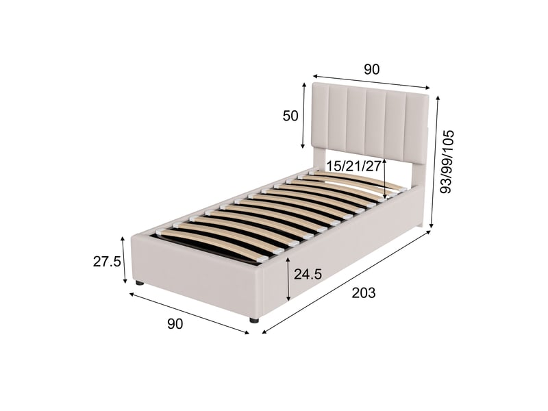  Lit coffre 90x200 cm avec sommier, lit simple enfnat avec tête de lit réglable, tissu lin, style moderne, beige  - Conforama E