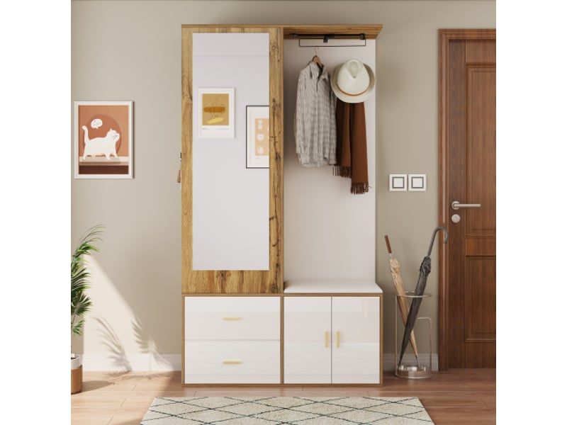 Ensemble garde-robe blanc et bois avec miroir – banc à chaussures avec crochets – penderie télescopique - Conforama E