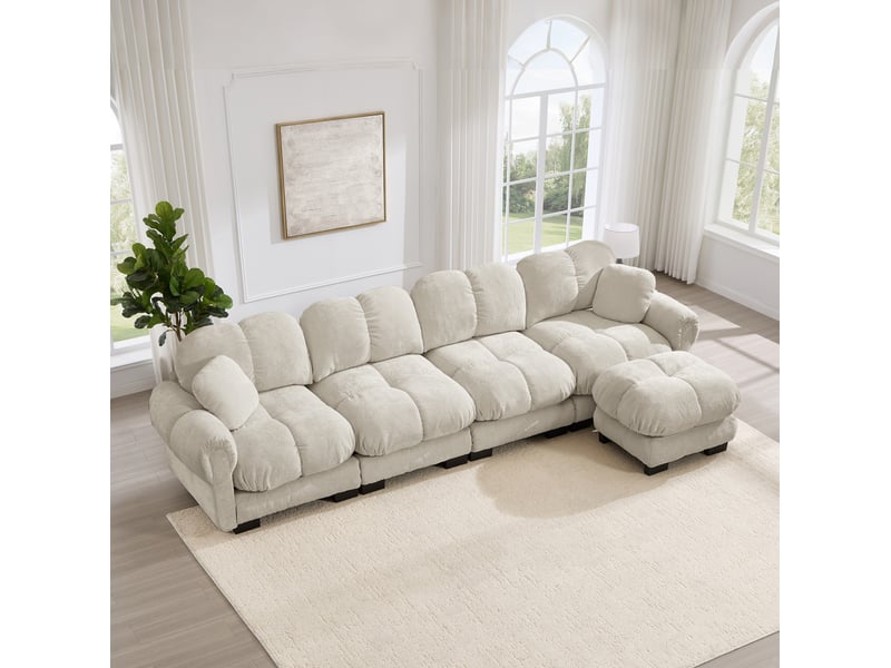  Canapé d'angle modulable modenvie 4 places en l avec ottomane mobile en chenille kaki clair 330 x 149 x 90 cm  - Conforama D