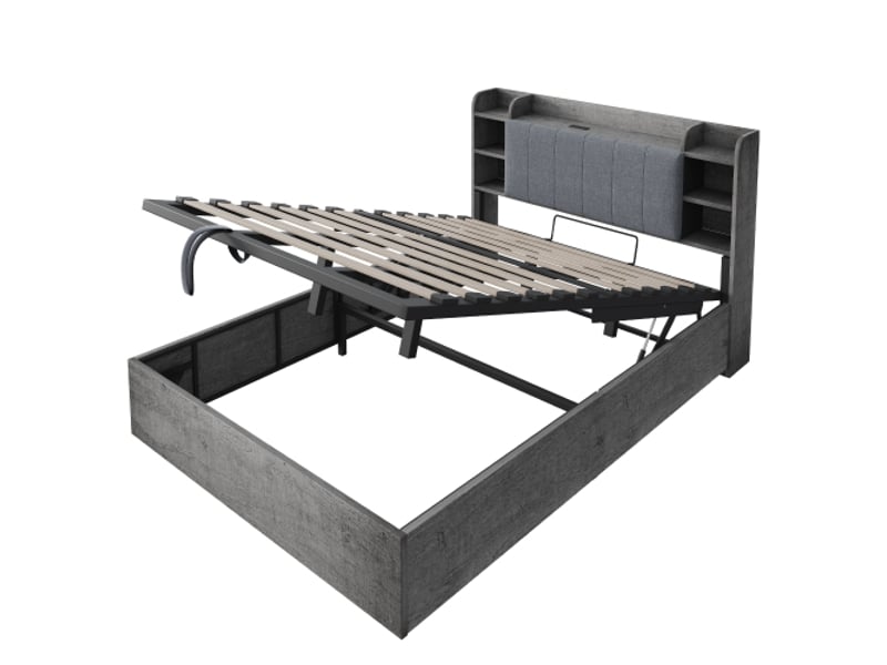  Lit bois gris 180x200 cm avec tête de lit de rangement, lit hydraulique, ports usb et usb-c, sans matelas  - Conforama A