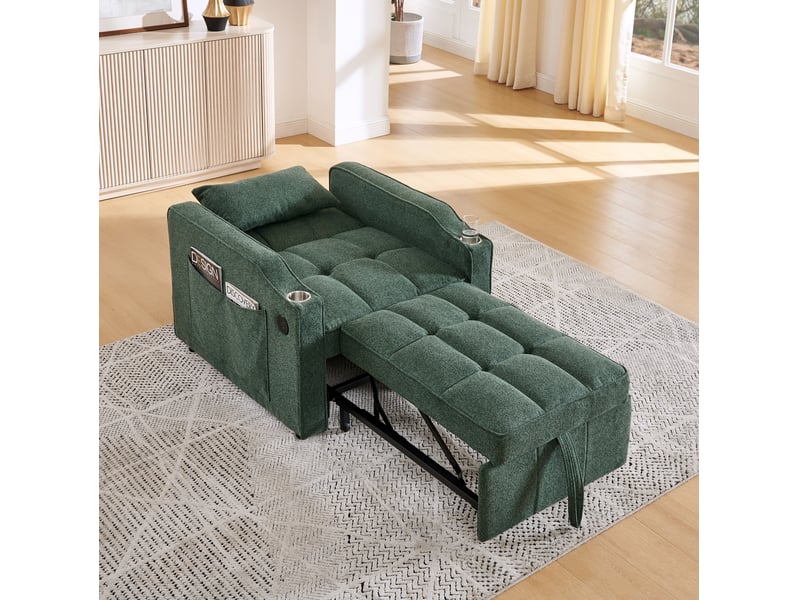 Fauteuil convertible 3-en-1 avec usb et usb-c, dossier 3 positions, porte-gobelet en inox et poches latérales en tissu vert - Conforama D