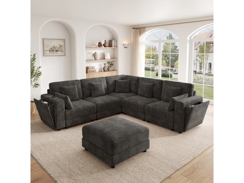  Canapé d'angle modulable 6 places en tissu chenille gris avec ports usb et c porte-gobelets et rangement 7 coussins  - Conforama D