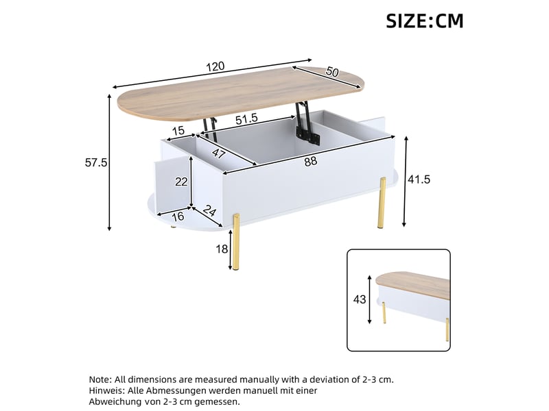  Table basse ovale 120x50x43 cm relevable, plateau effet bois, rangement, étagère, pieds métal, pour salon, mdf, blanc  - Conforama C