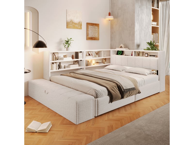 Lit coffre hydraulique 140x200 cm avec led, usb-c, banc coffre et tête réversible, velours blanc, sans matelas - Conforama W