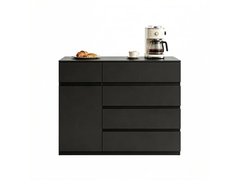 Commode à 5 tiroirs et 1 porte, 100 x 40 x 80 cm, étagère réglable et façades sans poignées, noir  - Conforama A