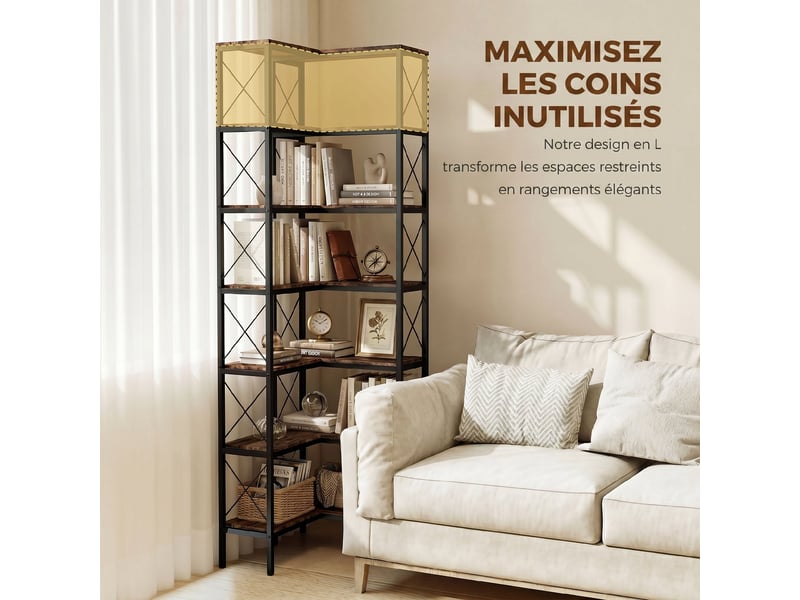  Bibliothèque d'angle à 6 niveaux, meuble de rangement en métal pour salon, chambre, bureau, 60x60x200cm, brun rustique  - Conforama D
