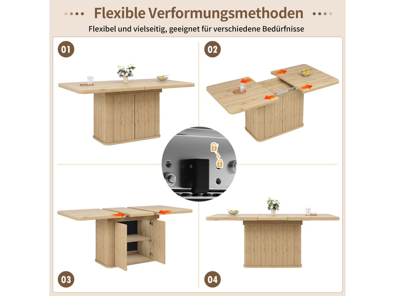  Table à manger extensible 140 à 180 cm avec rangement caché, plateau coulissant et façades rainurées, effet bois clair evarich - Conforama D