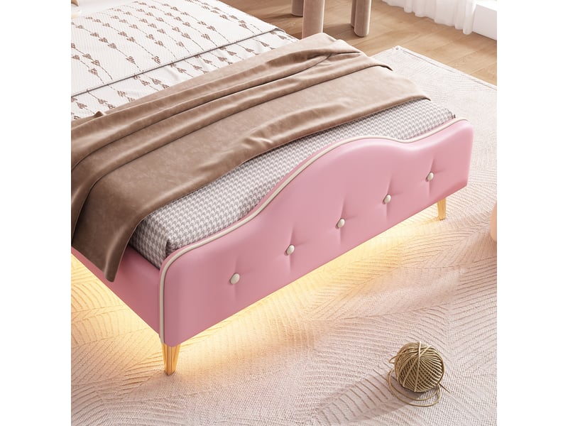 Lit simple enfant 200×90 cm avec éclairage led et tête de lit couronnée, en pu rose et blanc, sans matelas - Conforama E