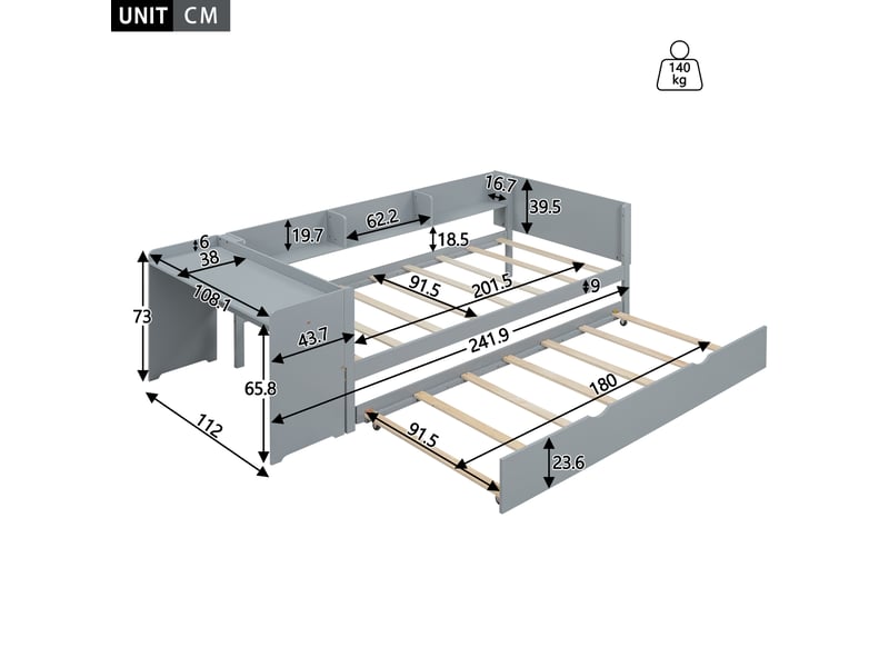  Lit enfant 90x200 avec lit gigogne et bureau intégré - pin massif gris avec étagères de rangement  - Conforama C