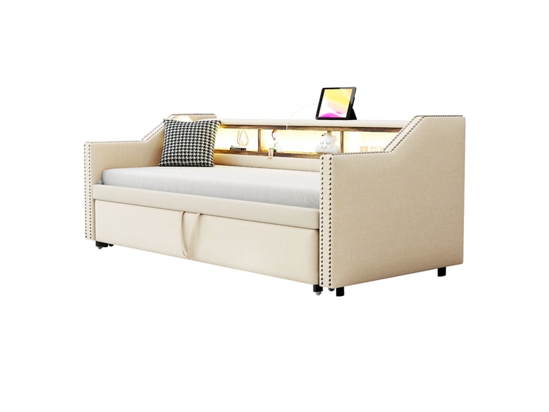 Lit banquette simple 90×190 cm extensible 180×190 cm, led et usb - 2 matelas inclus, lin beige - Conforama A