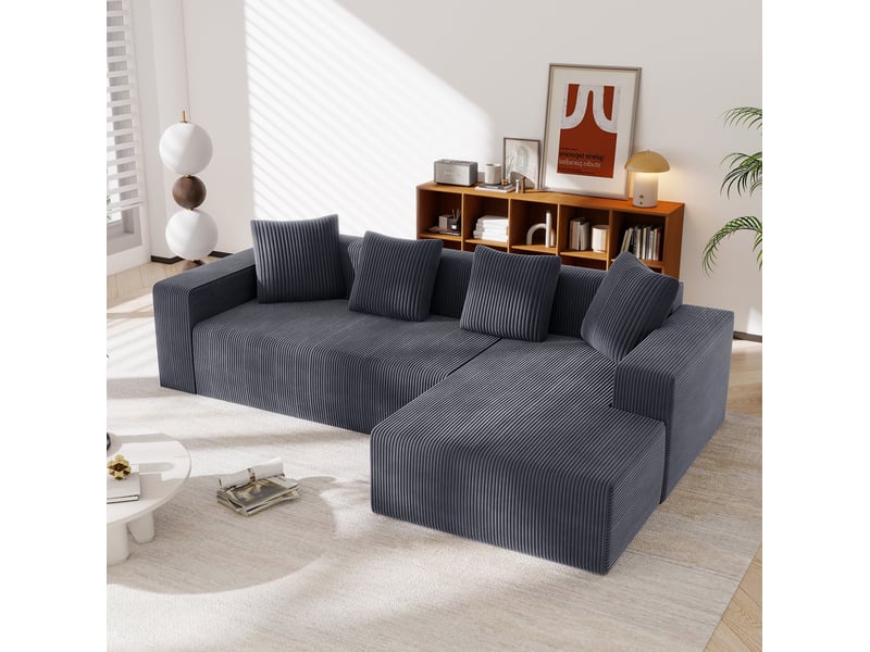 Canapé d'angle modulable 3 places en velours côtelé gris avec méridienne droite, assise profonde et 4 coussins - Conforama B