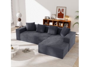 Canapé d'angle modulable 3 places en velours côtelé gris avec méridienne droite, assise profonde et 4 coussins