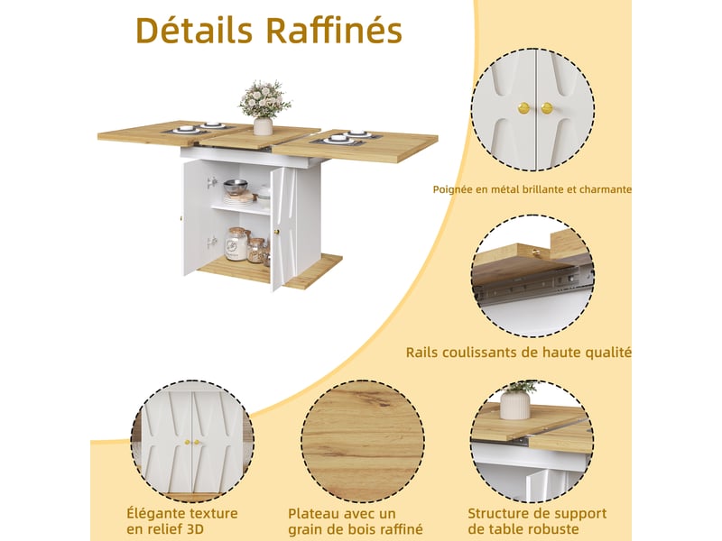  Table de repas extensible, 110x70x76,5 cm, relief décor, design moderne, plateau mdf, piètement métal, coloris blanc  - Conforama D
