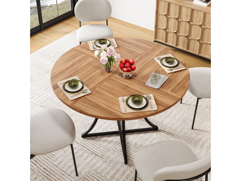  Table ronde design 100 cm pour cuisine et salon, table à manger 4-6 places avec étagère de rangement, effet noyer et pied métal noir en x  - Conforama C