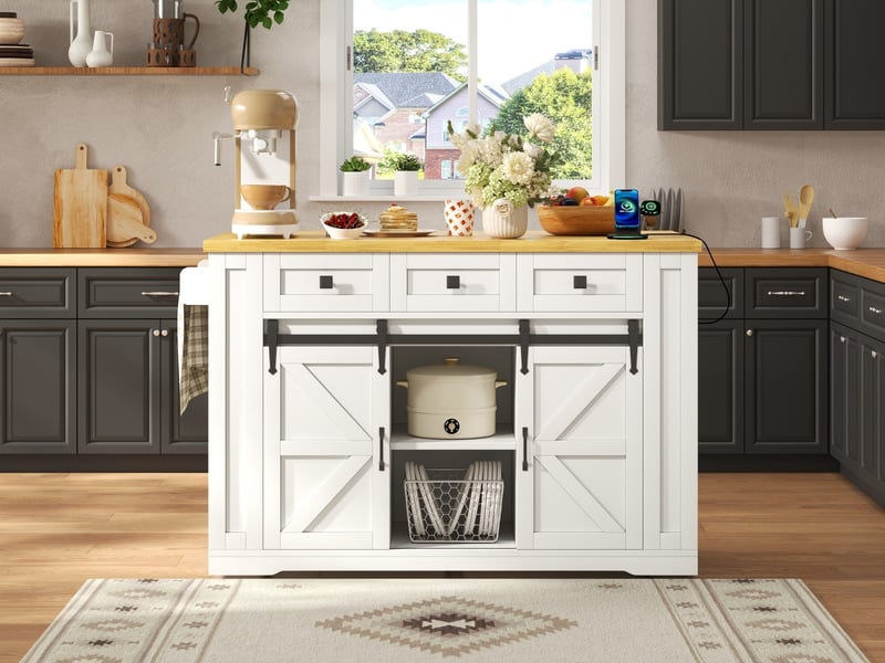  Îlot de cuisine mobile 130 x 50-80 x 87 cm, plateau rabattable, prises, 3 tiroirs et portes coulissantes, blanc  - Conforama B