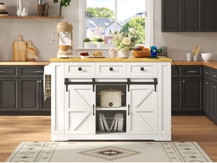 Îlot de cuisine mobile 130 x 50-80 x 87 cm, plateau rabattable, prises, 3 tiroirs et portes coulissantes, blanc