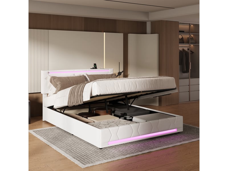  Lit coffre 140x190cm - lit double 140x190 avec éclairage led têtepied de lit, prises usb &amp; tissu en lin - beige  - Conforama E