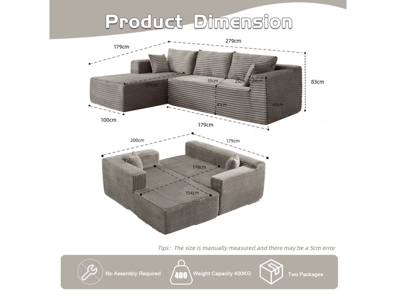  Canapé d’angle modulaire avec méridienne, canapé modulable 2 places, tissu velours côtelé gris  - Conforama C