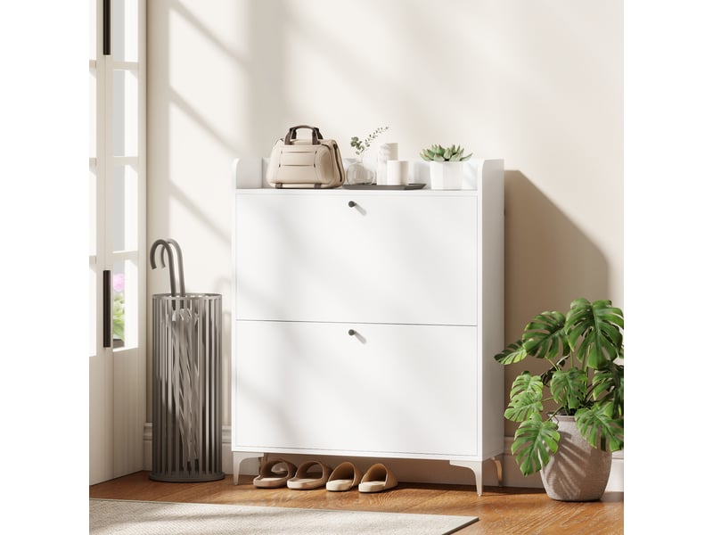  Meuble à chaussures étroit avec 2 tiroirs à rabat et étagères réglables, en bois et métal, 80 x 24 x 101 cm, blanc  - Conforama C