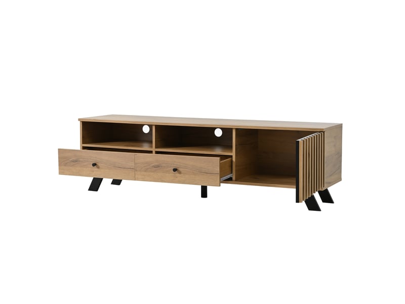  Meuble tv bas à 2 tiroirs et 1 placard, panneaux de particules, 150 × 38 × 44 cm, bois naturel  - Conforama A