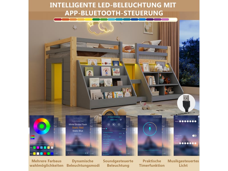  Lit mezzanine enfant 90x200cm en pin avec compartiments ouverts et led,lit superposé simple avec échelle et barrières de sécurité,sans matelas-gris et naturel  - Conforama D