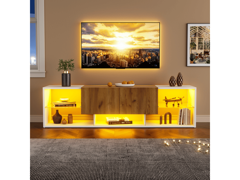  Meuble tv 160x40x42 cm avec led et 2 tiroirs, banc tv à 3 niveaux avec étagères en verre, structure en panneaux de particules, blanc et effet bois OPULERANE TRADING LTD - Conforama B
