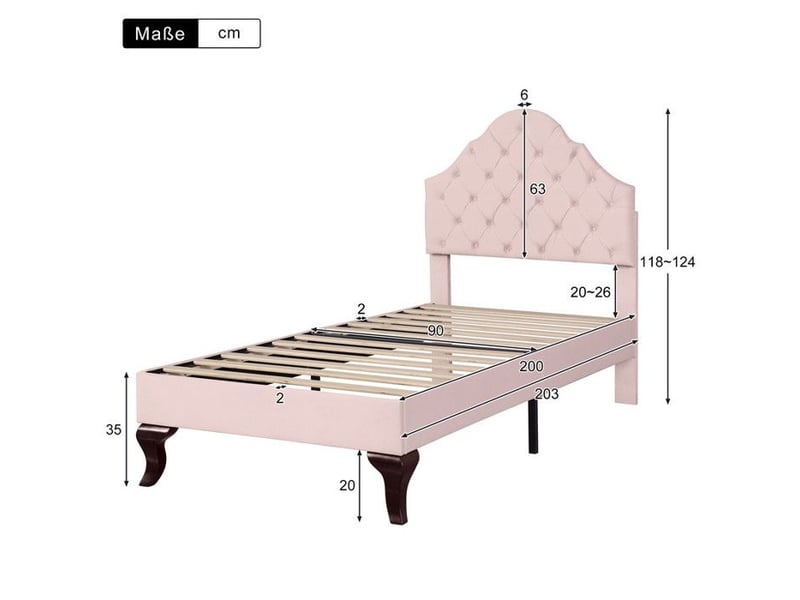  Lit simple rembourré fille - 90x200 cm - velours rose - tête de lit réglable - sommier à lattes rose - Conforama E