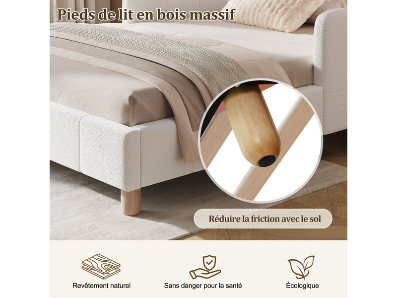 Lit enfant rembourré 90x200 cm avec barrières antichute modulables, poches de rangement, sommier à lattes, bouclé beige - Conforama E