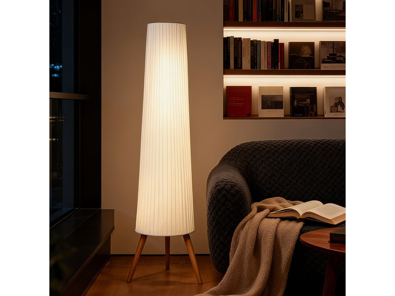  Lampadaire avec trépied, 3 niveaux d'intensité lumineuse, interrupteur au pied, pieds en bois et abat-jour en tissu, blanc  - Conforama C