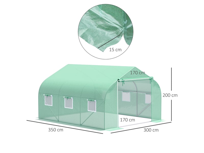  Serre de jardin de 3,5 x 3 x 2 m avec toit incliné en polyéthylène, porte et 6 fenêtres, verte  - Conforama E