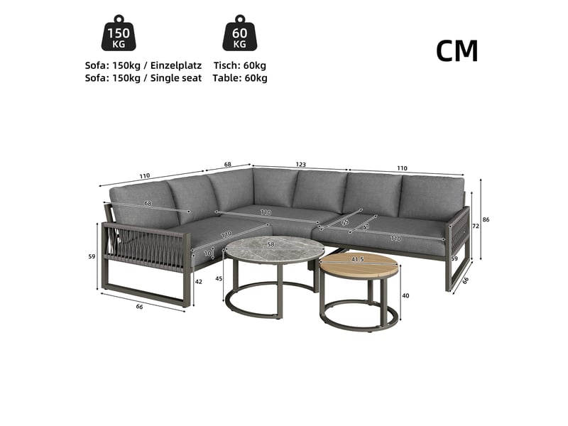 Salon de jardin d'angle gris 6 à 7 places en métal avec 2 tables basses et coussins, pour vos moments en extérieur - Conforama C