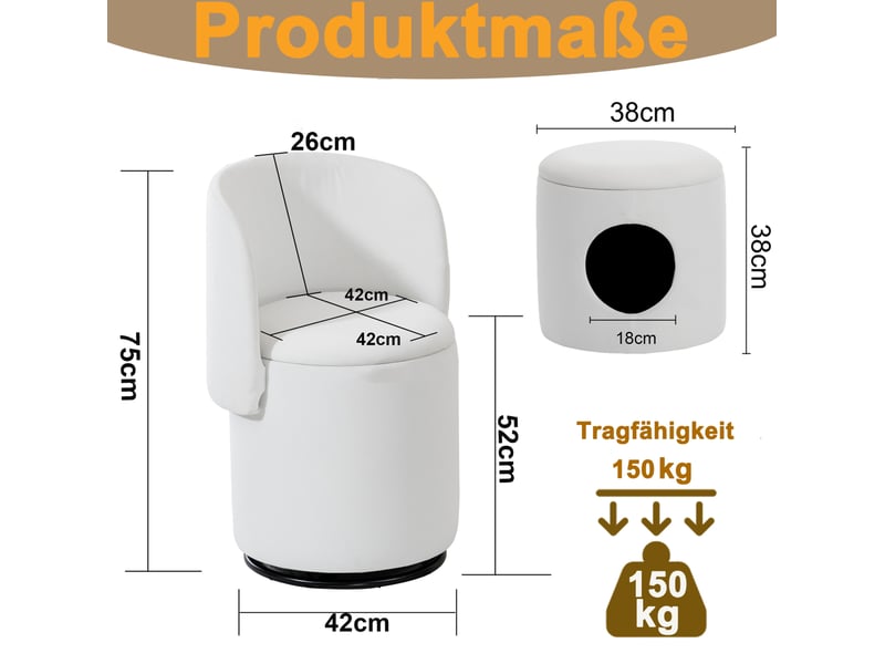 Pouf fauteuil tonneau pivotant 360° en velours blanc avec rangement intégré et pouf de repos pour félin inclus - Conforama D