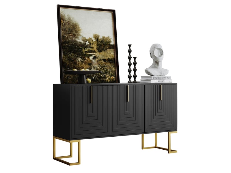  Buffet 3 portes noir moderne pour salle à manger avec étagères réglables et base en métal  - Conforama A