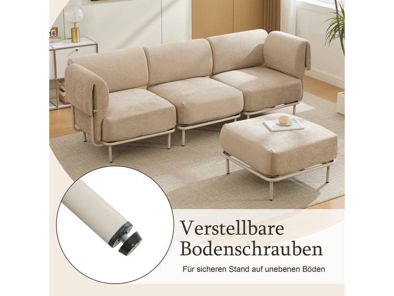 Canapé d'angle modulable 3 places en tissu chenille marron, avec pouf, 251×155×78 cm, design nordique - Conforama E