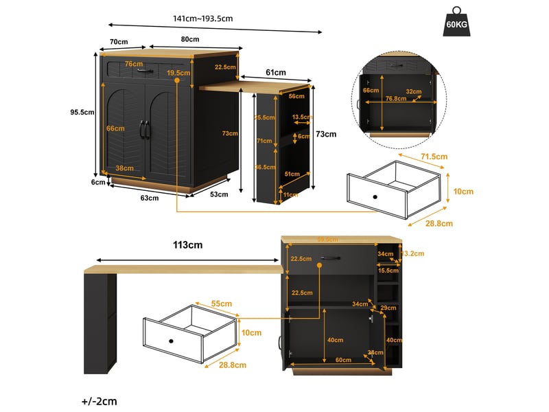  Îlot de cuisine led 60-113 × 70 × 95,5 cm, meuble bar avec table coulissante, desserte buffet fixe avec 2 tiroirs, 4 portes, noir ABC - Conforama C