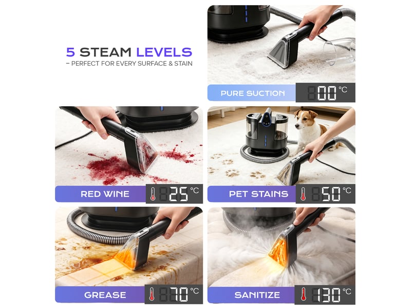  K5 1700w 25kpa nettoyeur vapeur pour tapis, 5 niveaux de température 3 modes d'aspiration appareil portatif de pulvérisation, grands réservoirs écran tactile led pour canapé, matelas et taches d'animaux  - Conforama C