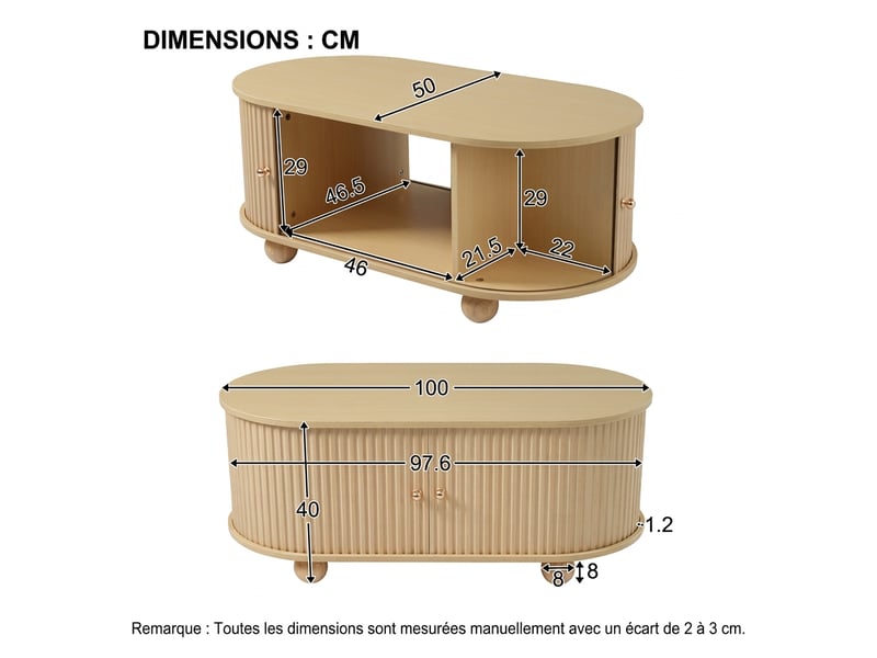  Table basse ovale avec rangement mdf couleur bois - portes coulissantes 100cm  - Conforama D