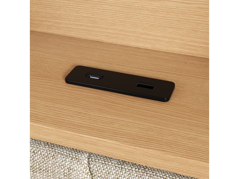  Lit coffre banquette 90 × 200 cm, rangement hydraulique, étagère, led multicolore, usb-a et usb-c, lin et mdf, beige  - Conforama E