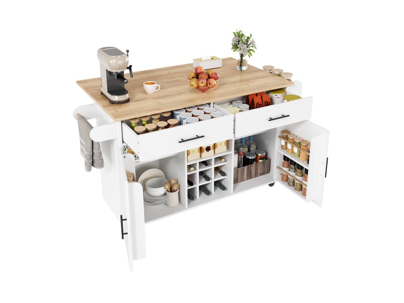  Desserte de cuisine à roulettes avec 2 tiroirs, plateau rabattable et range-bouteilles, blanc, 120 × 45 × 84 cm  - Conforama E