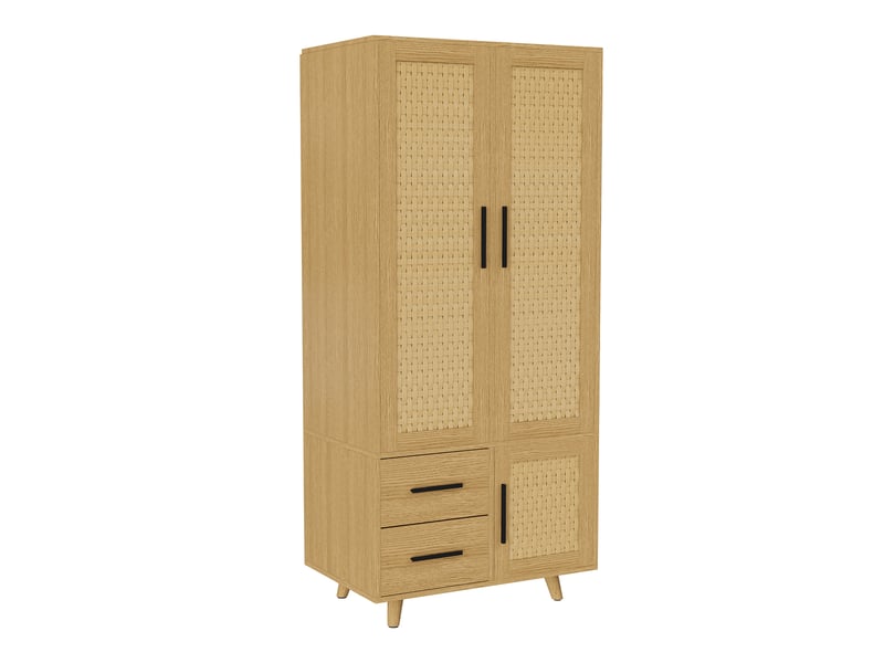  Armoire de chambre - penderie-80x52x176cm - 2 portes 2 tiroirs - scandinave bohème - bois effet rotin - chêne naturel et noir  - Conforama A