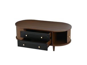 Table basse de salon couleur noyer avec 2 tiroirs et portes à rideau, 100x50x36 cm, panneau de particules, noir et noyer
