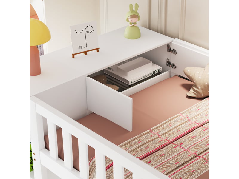  Lit mezzanine enfant 90x200 cm avec armoire, étagères et escalier, blanc  - Conforama D